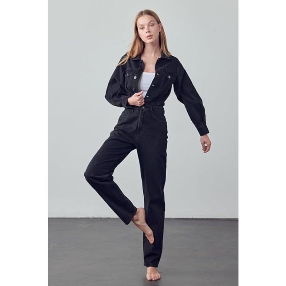 INSANE GENE Balloon Sleeve Denim Jumpsuit Large Button Front Long Sleeve - Picture 3 of 5